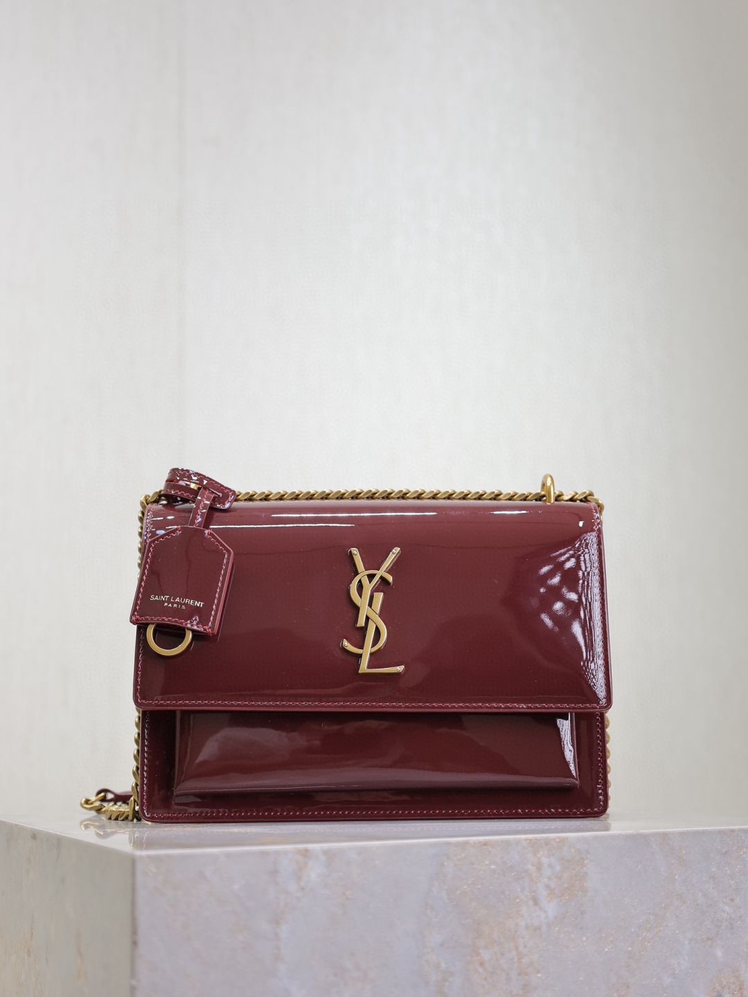 Saint Laurent Sunset Chain Wallet in Red Patent Leather with Gold Hardware