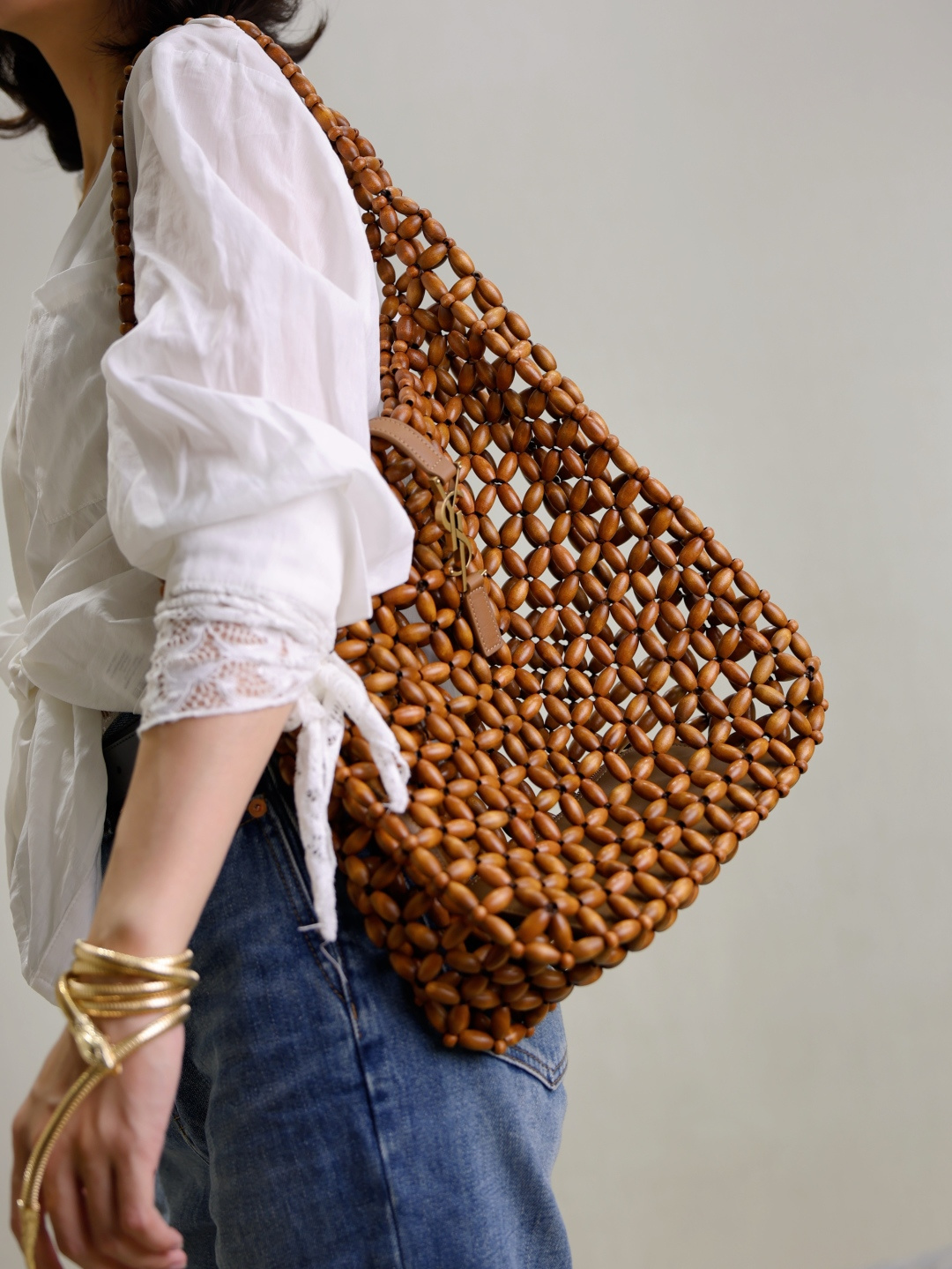 Bolso Hobo tejido de cuentas de madera Estilo único que entrelaza lo retro y lo lujoso