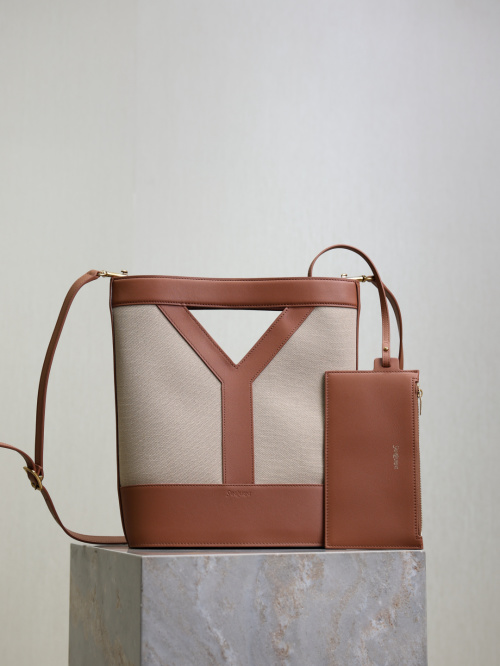 Saint Laurent Caramel Leather & Canvas Y-Logo Tote Bag with Adjustable Strap 1 Saint Laurent Caramel Leather & Canvas Y-Logo Tote Bag with Adjustable Strap