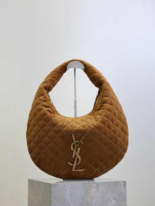 Saint Laurent ICARE Hobo Bag Suede Iconic Metal Logo Brown - Stylish and Chic