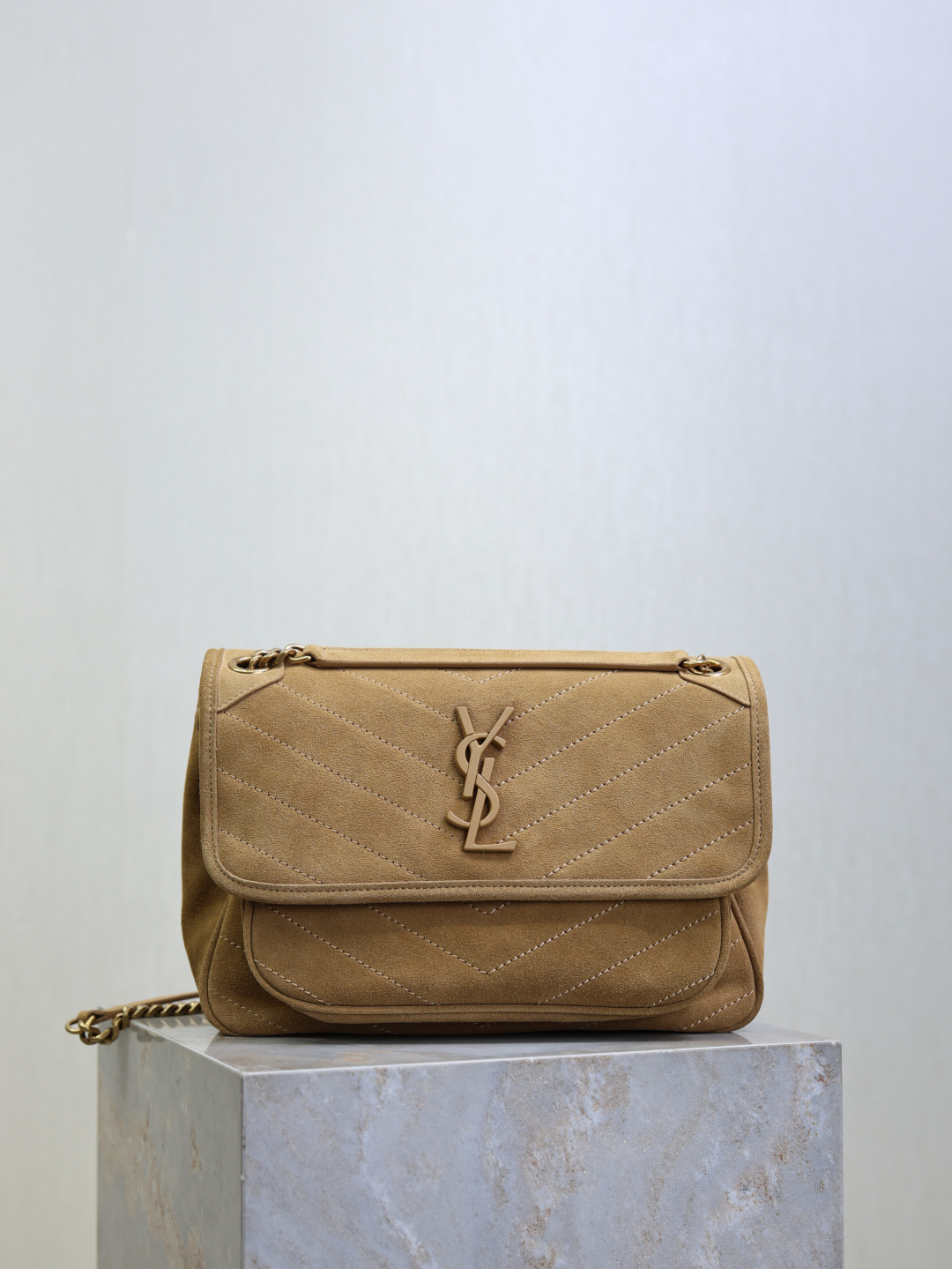 Saint Laurent Niki Baby Suede Shoulder Bag in Light Beige with Gold Hardware