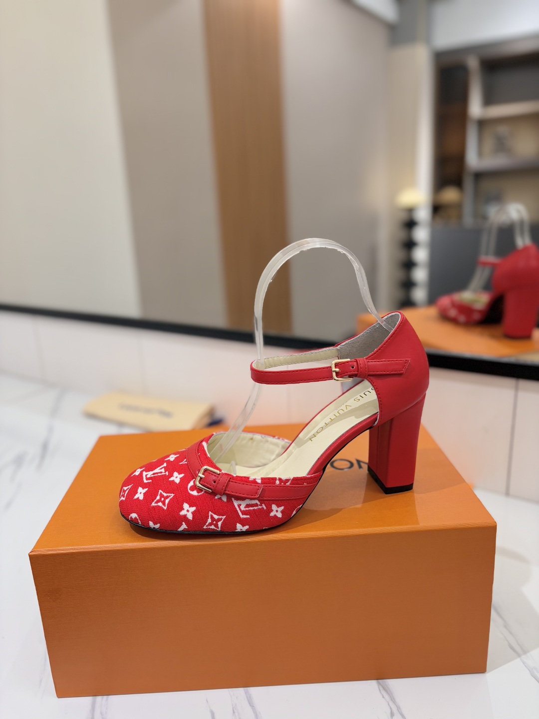 Louis Vuitton Women's Red Monogram Ankle Strap Heeled Pumps Size 35-40 5 cmp i1740656657808 258 0 3