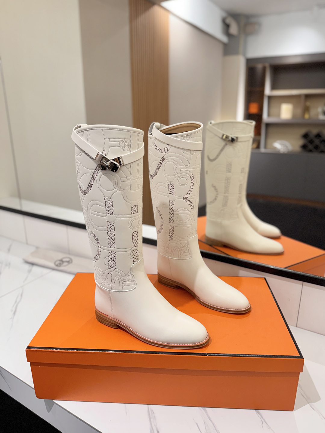 Hermes White Patterned Knee High Boots