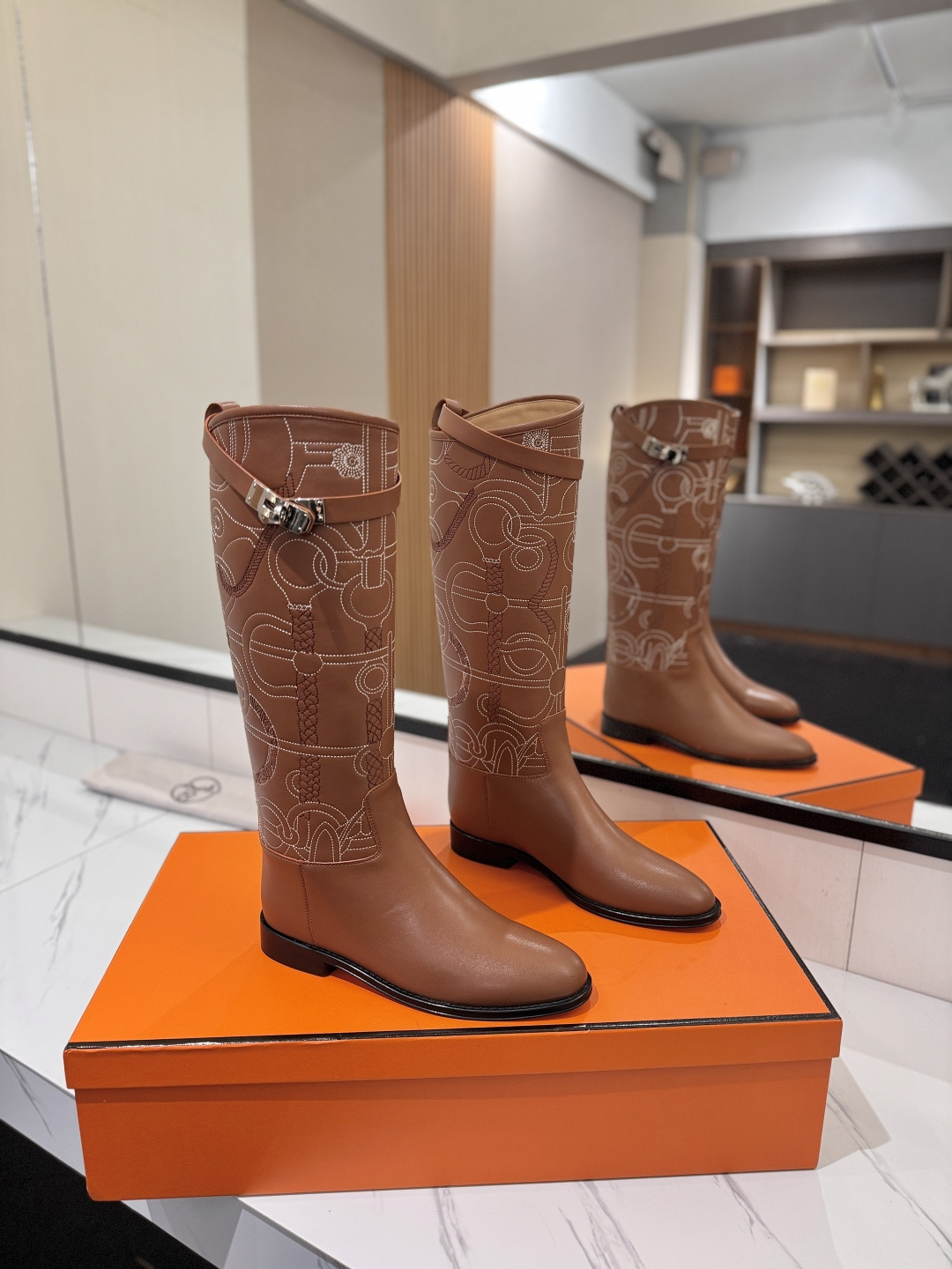 Hermes Tan Patterned Knee High Boots