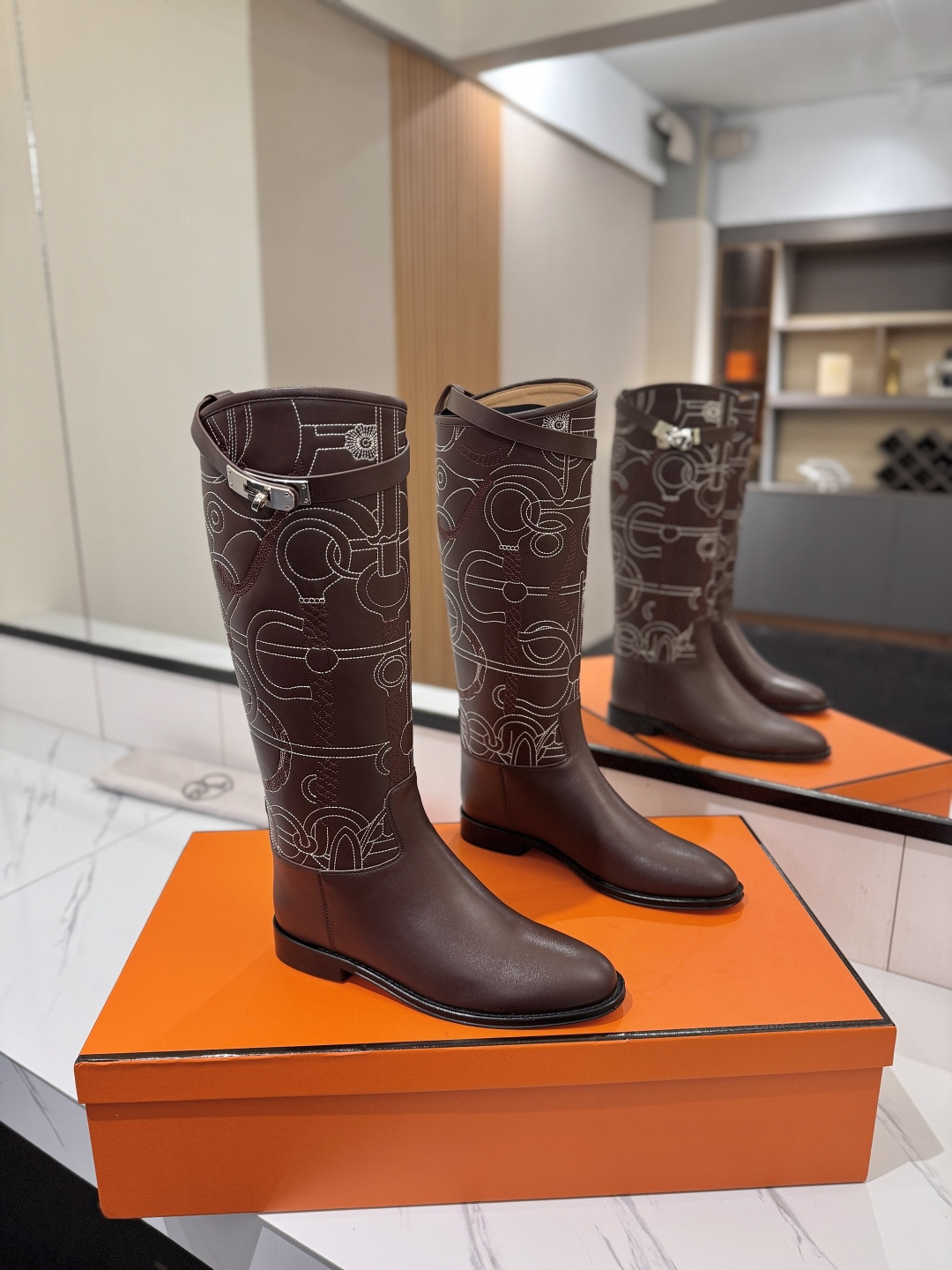 Hermes Brown Patterned Knee High Boots