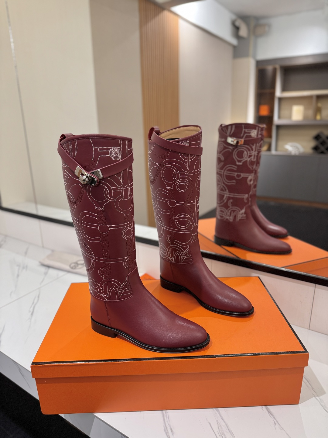 Hermes Burgundy Patterned Knee High Boots