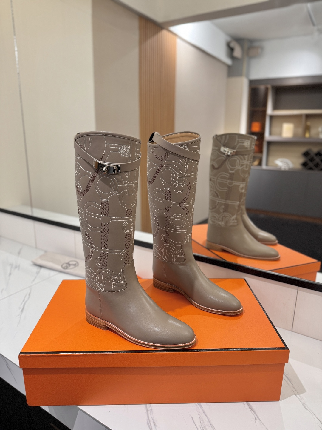 Hermes Taupe Patterned Knee High Boots