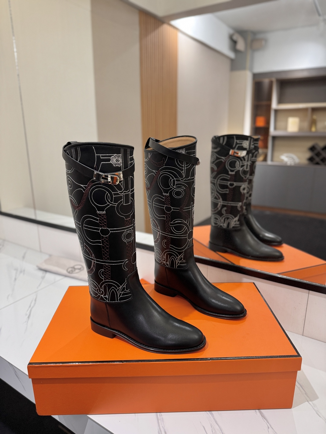 Hermes Black Patterned Knee High Boots