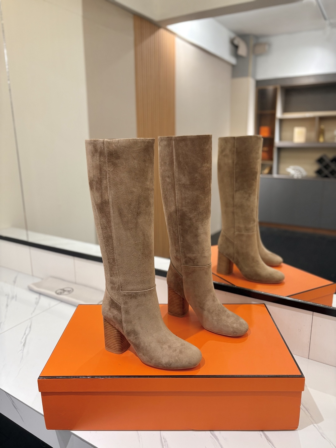 Hermes Tan Block Heel Knee High Boots