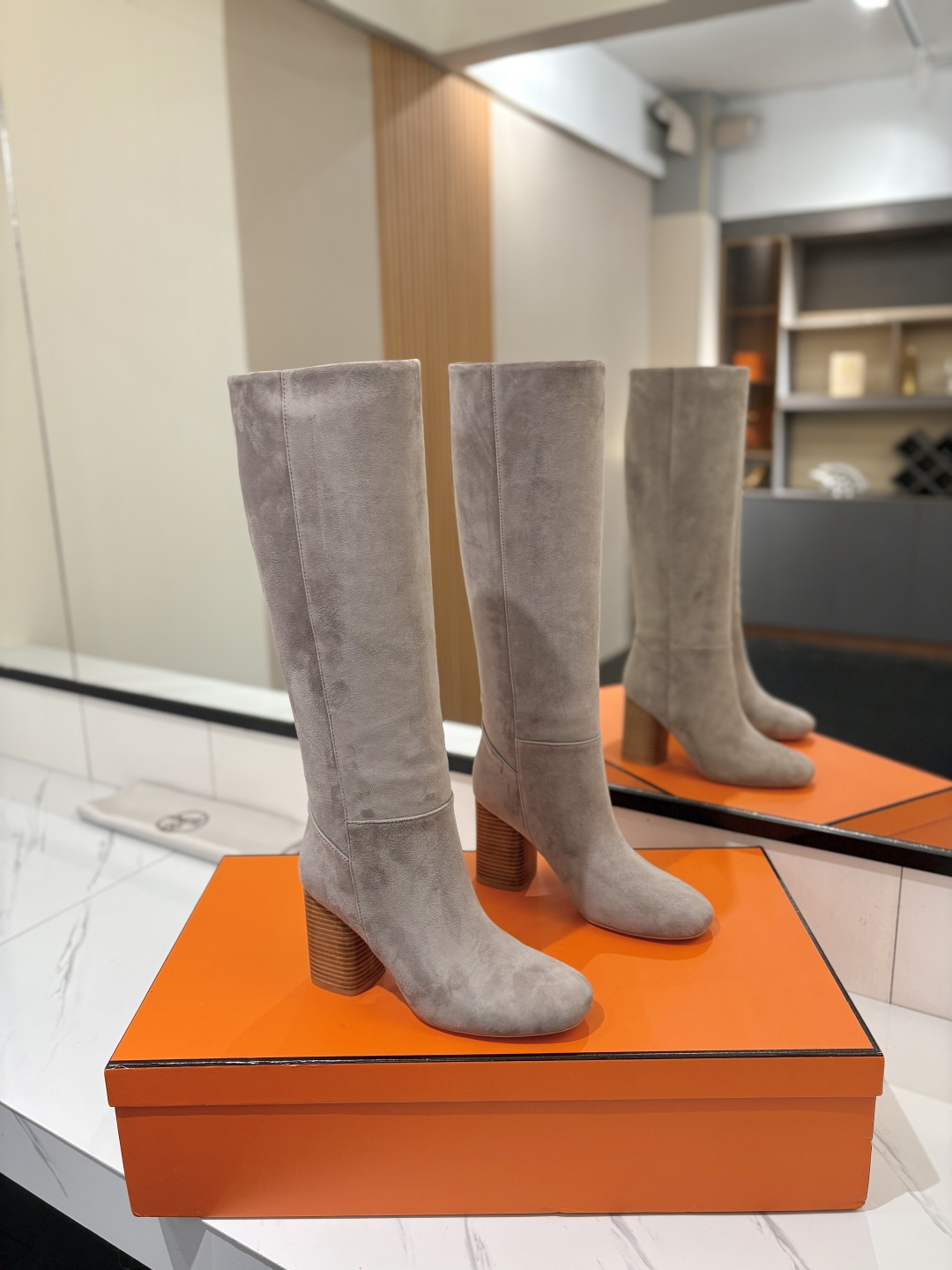 Hermes Gray Block Heel Knee High Boots