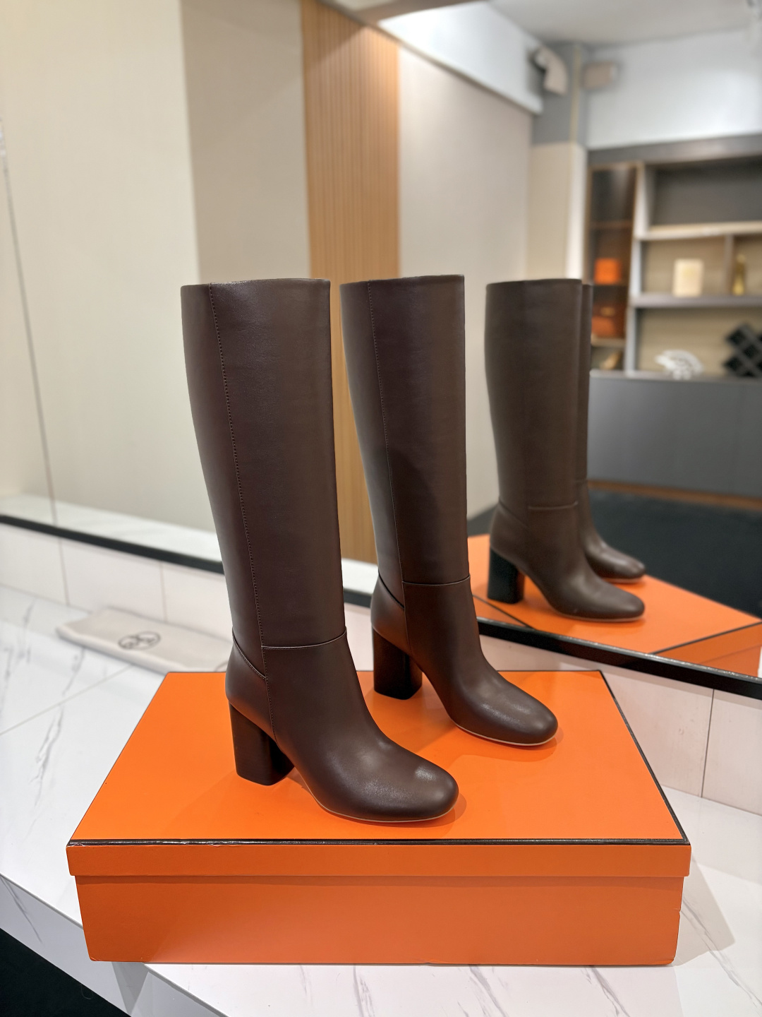 Hermes Brown Block Heel Knee High Boots