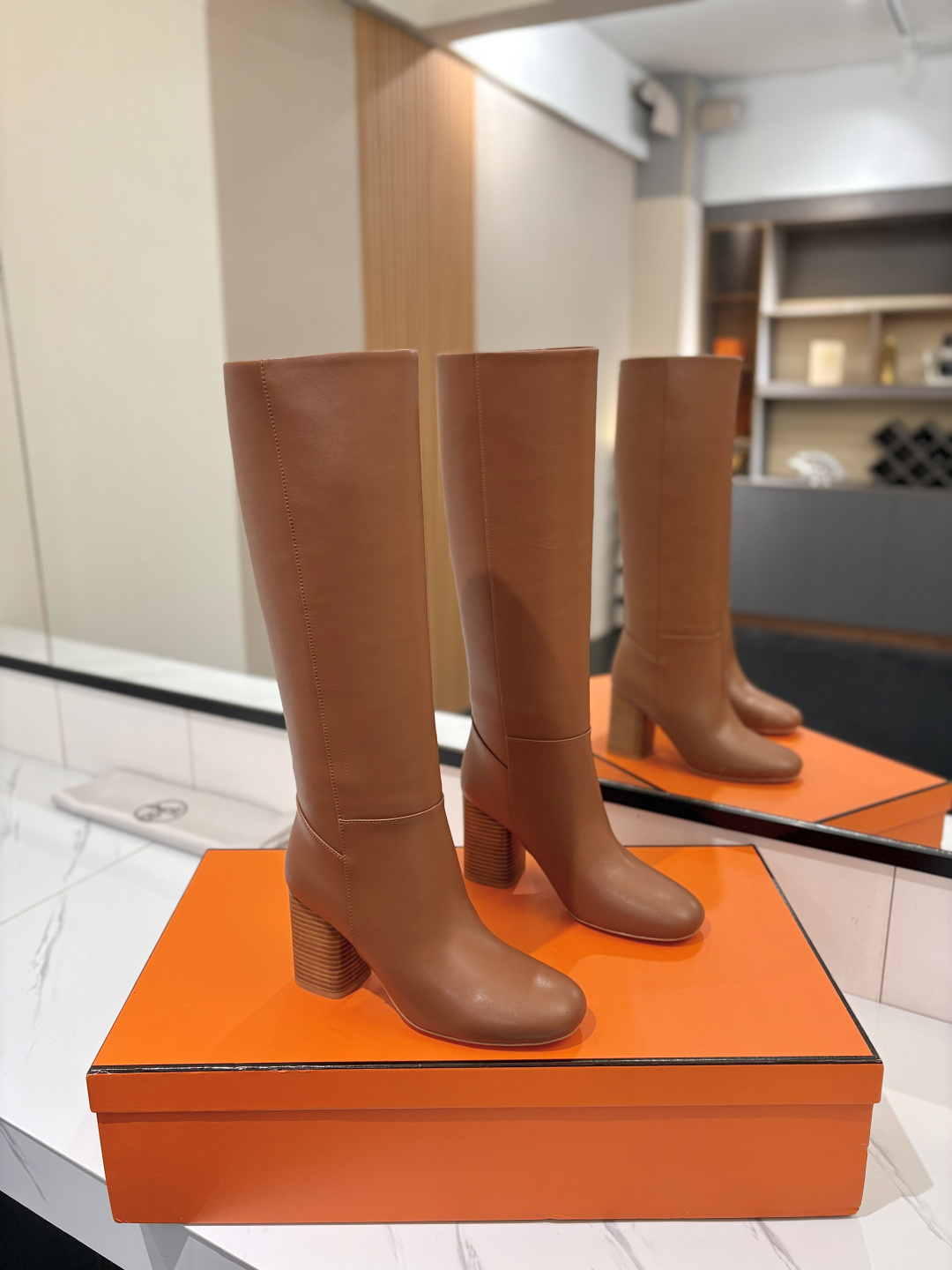 Hermes Tan Block Heel Knee High Boots