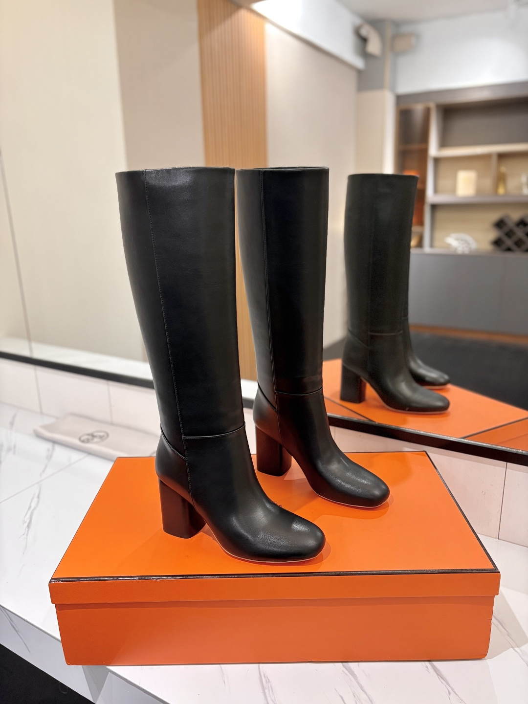 Hermes Black Block Heel Knee High Boots