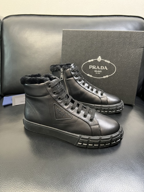 Prada Leather High-Top Sneakers with Wool Lining - Black, Italian Craftsmanship 1 Prada Leather High-Top Sneakers with Wool Lining - Black, Italian Craftsmanship