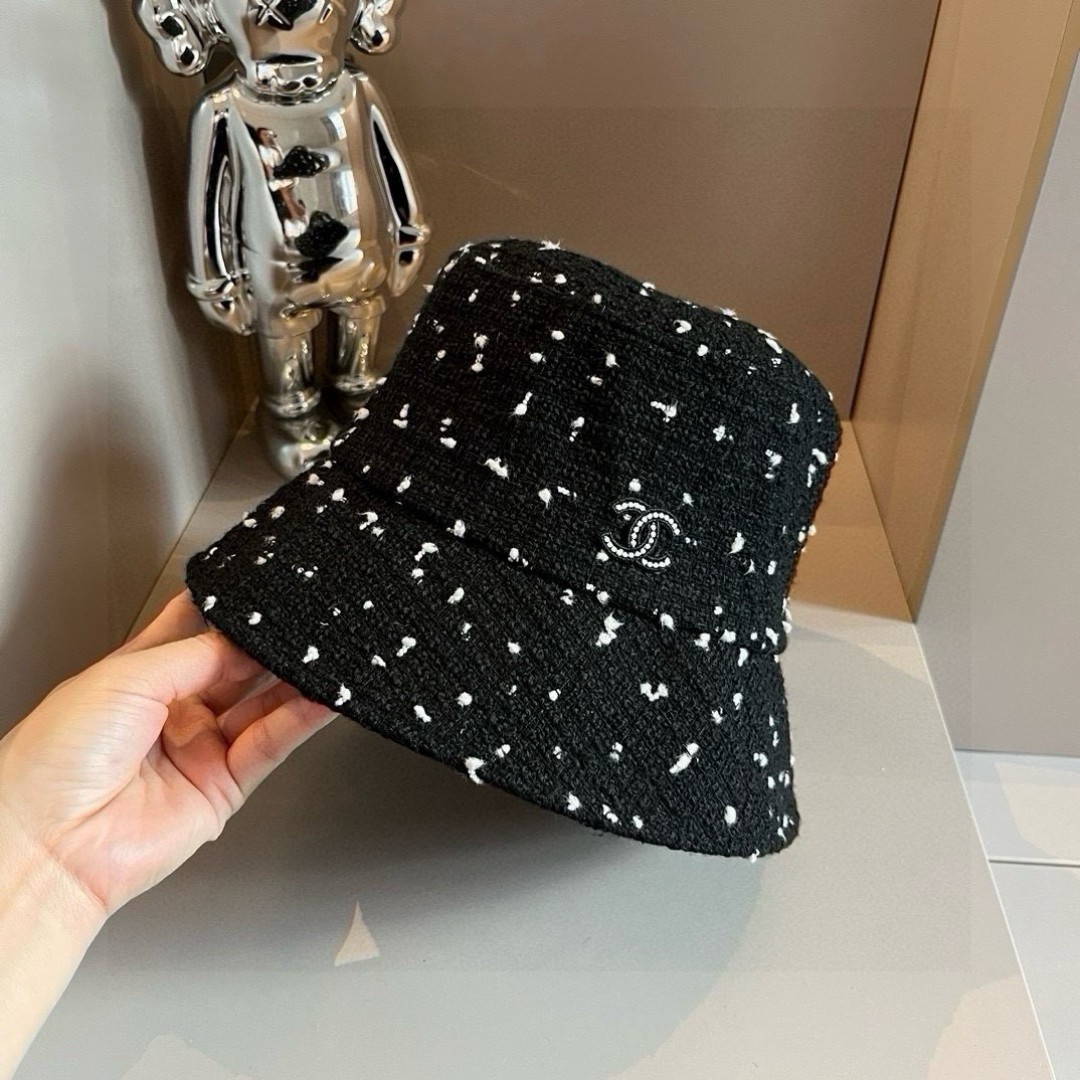 Front view of a Chanel-inspired tweed fedora hat