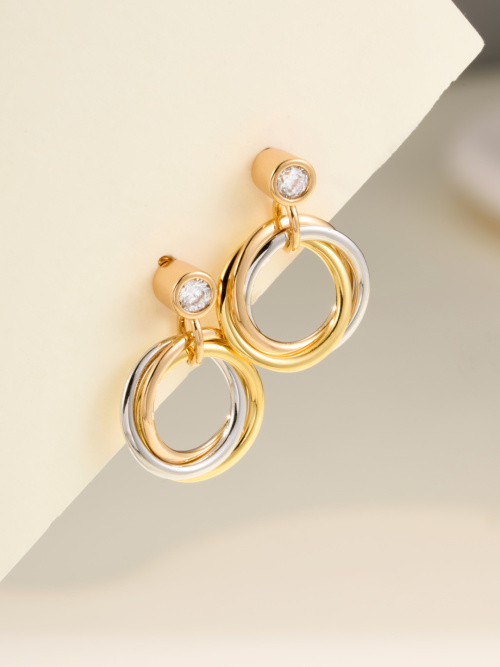 Trinity Tri-Color Interlocking Hoop Earrings with Diamond Accent, Elegant Design 1 Trinity Tri-Color Interlocking Hoop Earrings with Diamond Accent, Elegant Design