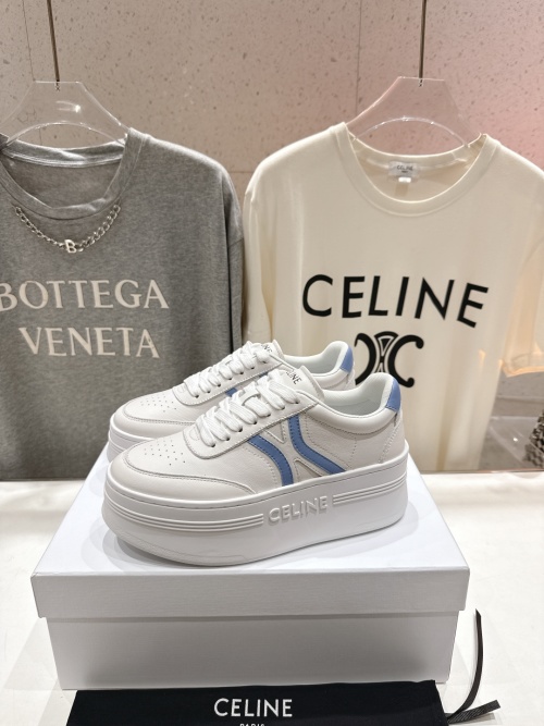 Celine Women's White Leather Lace-Up Sneakers With Blue Accents