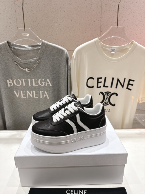 Celine Women's Triomphe Logo Lace-Up Leather Sneakers - Black & White