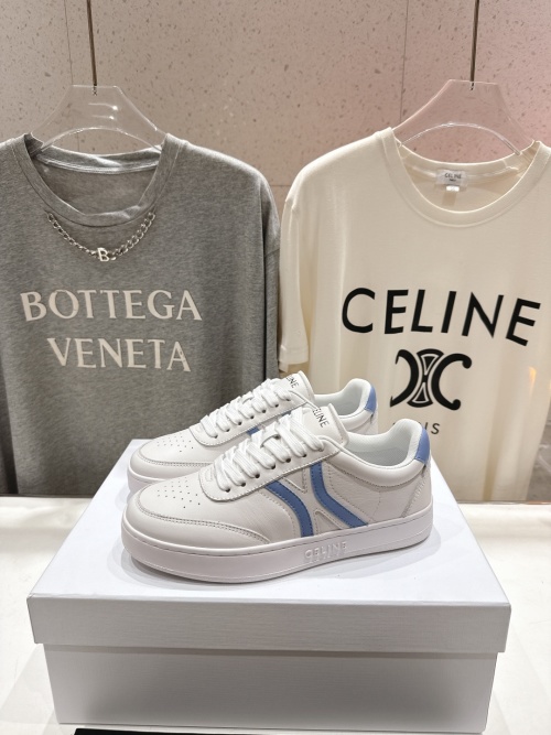 Celine Women's White Leather Lace-Up Sneakers with Blue Logo Detail 1 Celine Women's White Leather Lace-Up Sneakers with Blue Logo Detail