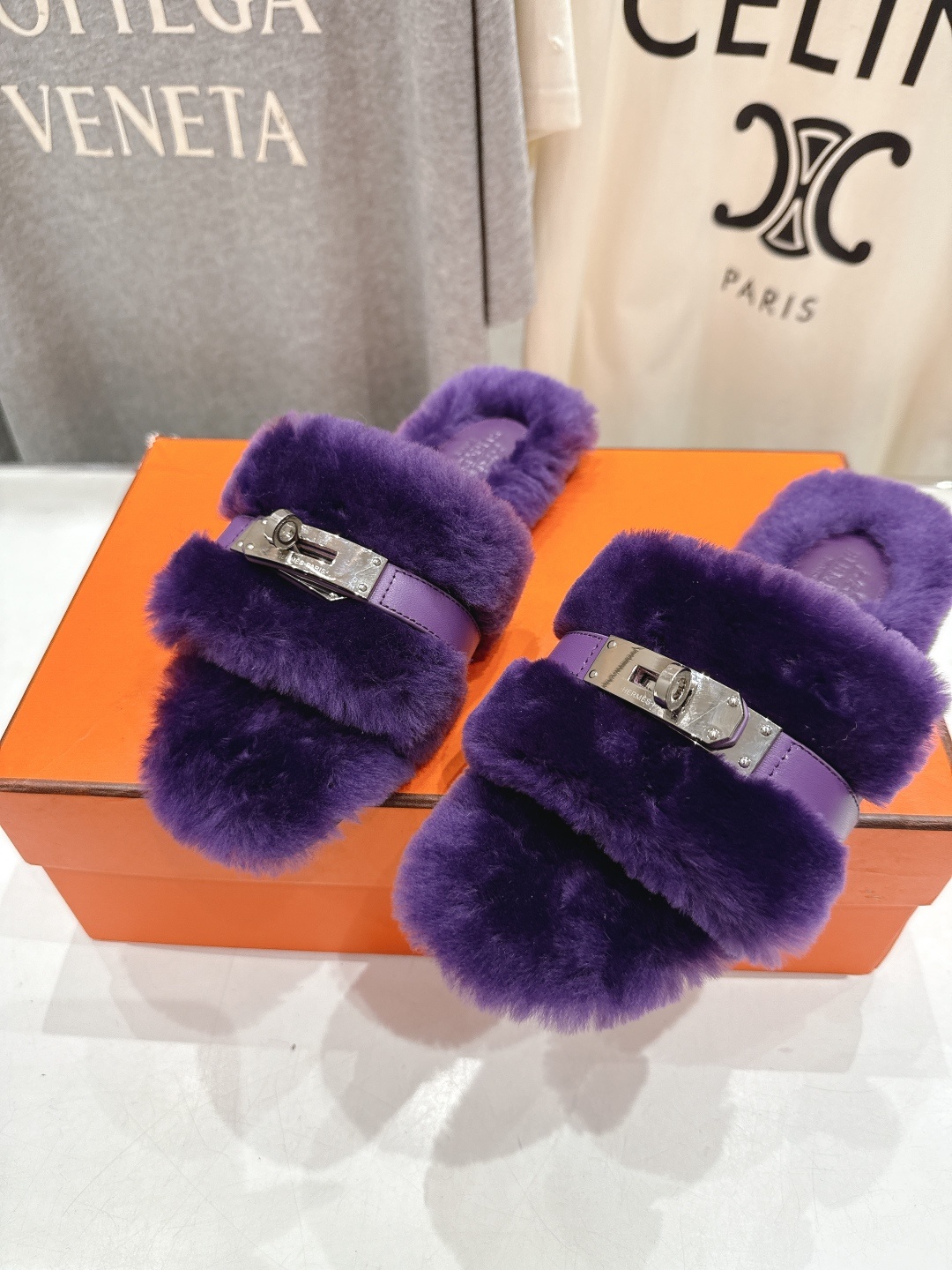 顶级出厂 Hermes*|爱马仕F021 2025ssH家新款平底毛毛拖鞋‼️羊羔毛特别柔软~上脚十分显