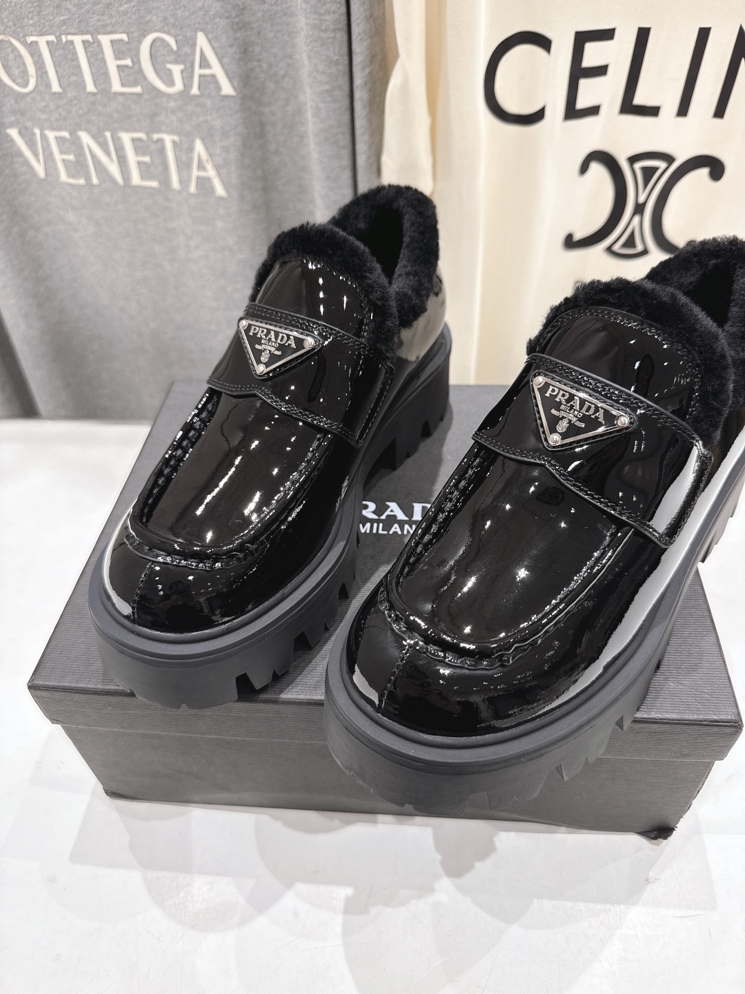 Prada Women's Black Leather Loafers with Wool Lining and Lug Sole 8 cmp i1758284519582 7479 0 6