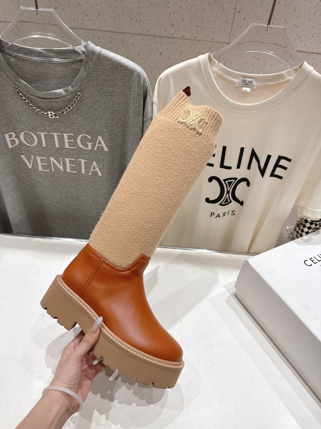 高版本出厂 Celine*赛琳F035 2025ss秋冬新款针织筒长靴，lisa同款超火复古凯旋门厚底长