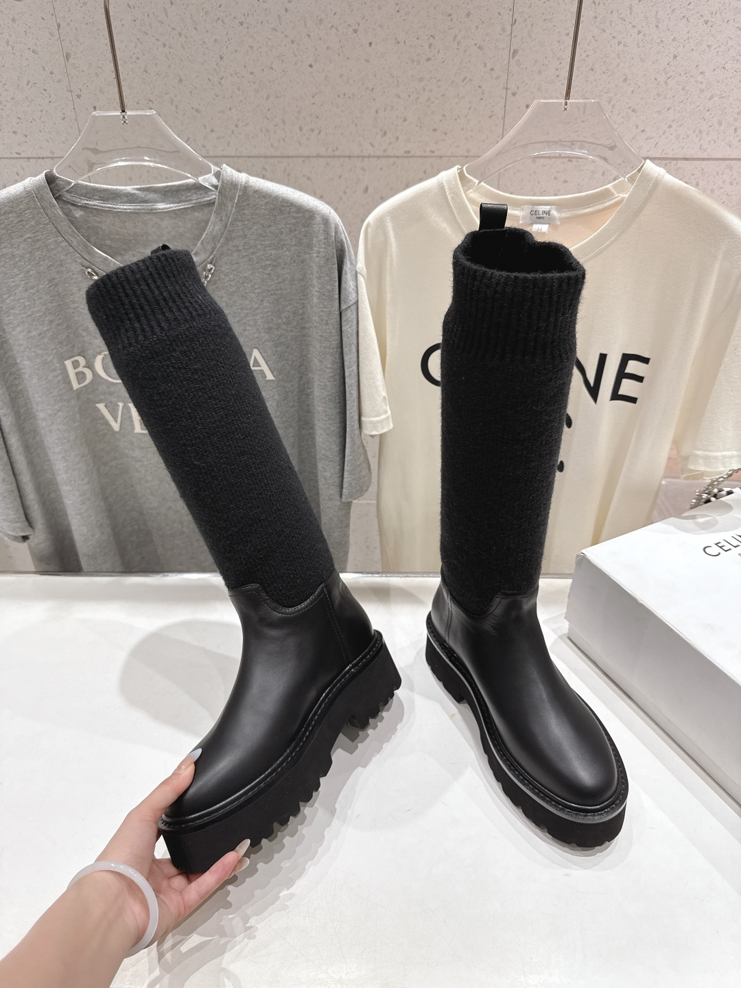 高版本出厂 Celine*赛琳F035 2025ss秋冬新款针织筒长靴，lisa同款超火复古凯旋门厚底长