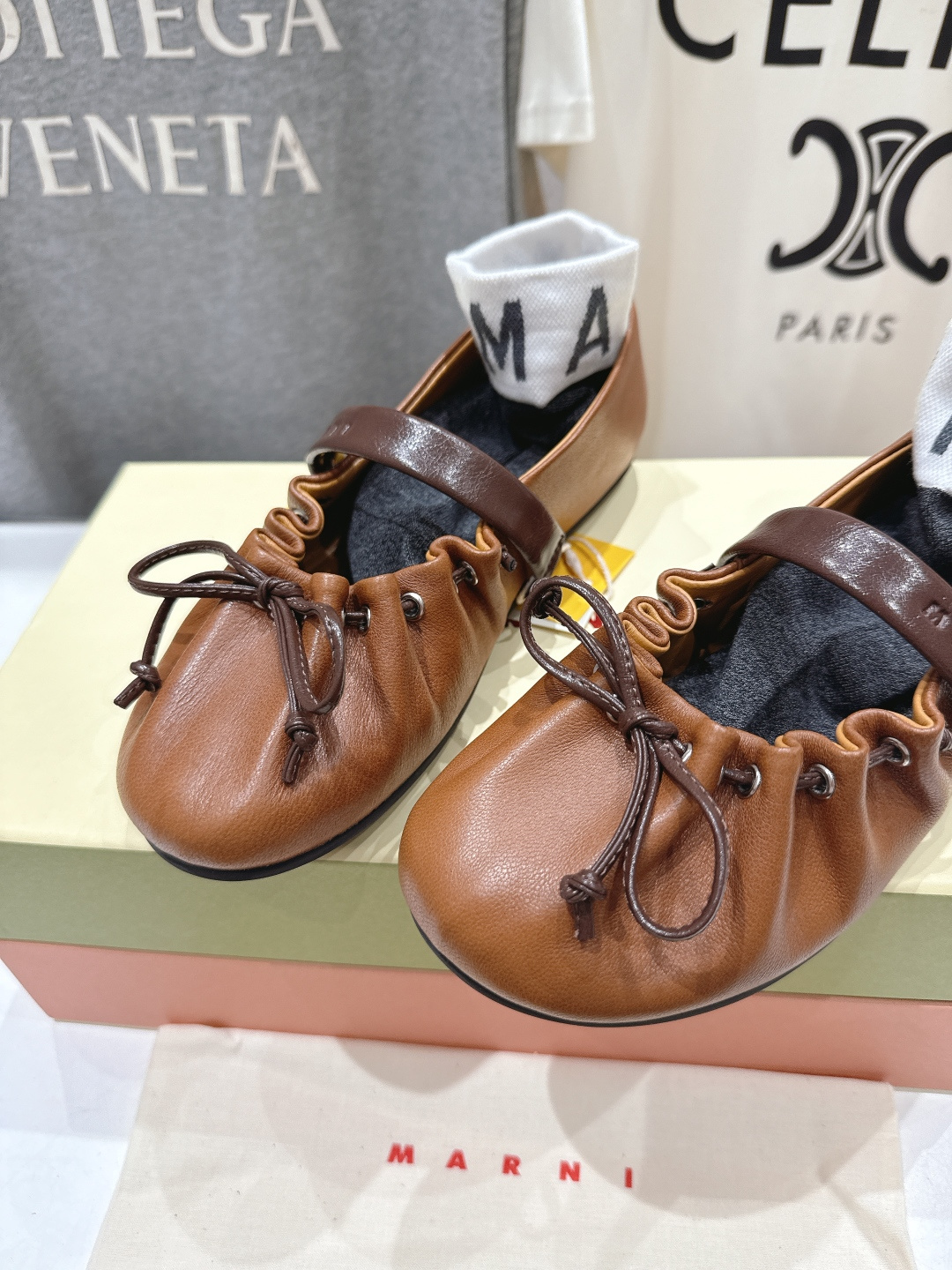 高版本出厂 Marni/玛尼F022 2026ss春夏新款褶皱蝴蝶结玛丽珍芭蕾舞鞋平底鞋一脚蹬懒人鞋别致