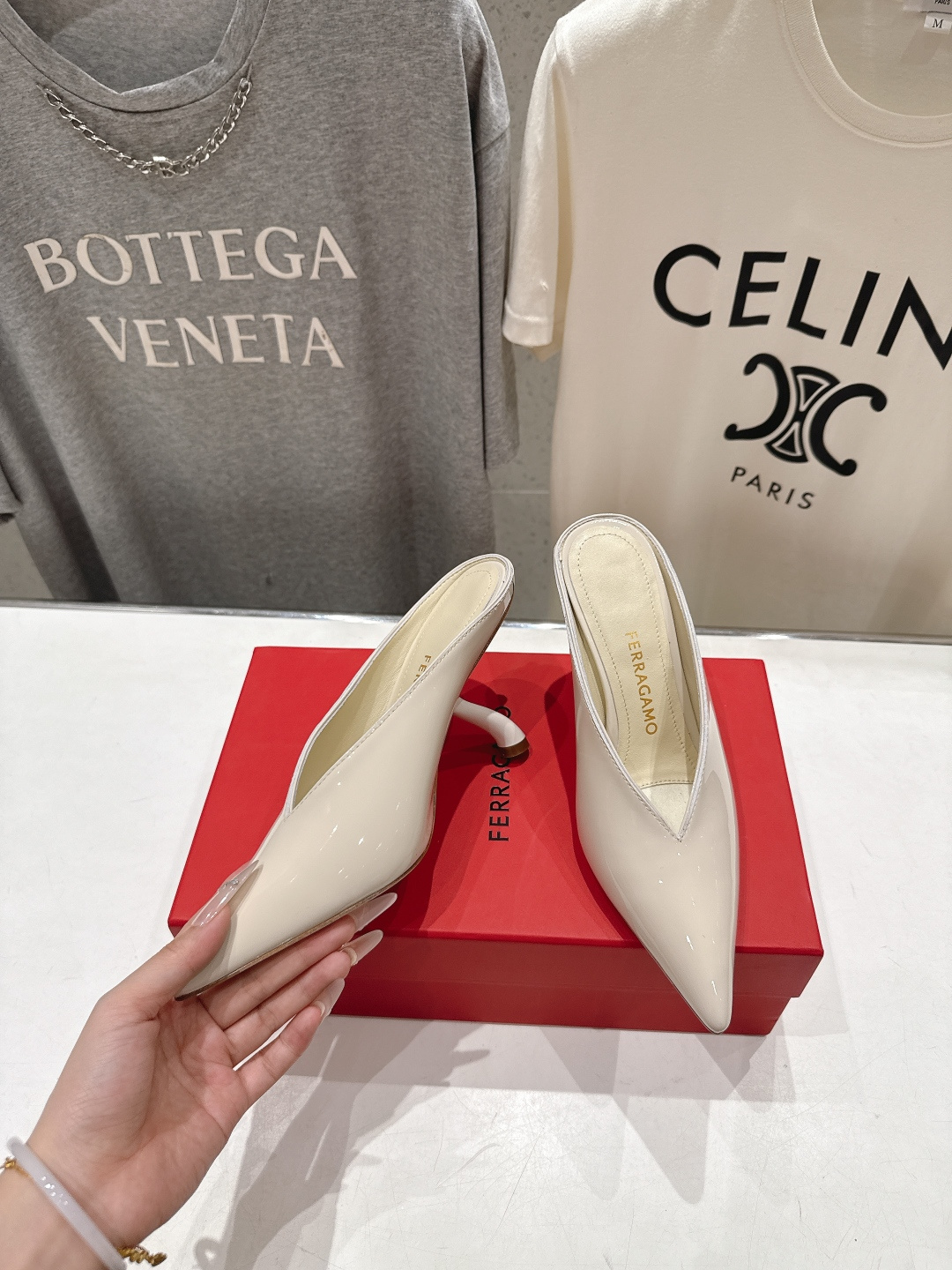 高版本出厂  FERRAGAMO/菲拉格慕F065  26ss夏季新款尖头高跟半包拖鞋菲拉格慕今期高频曝