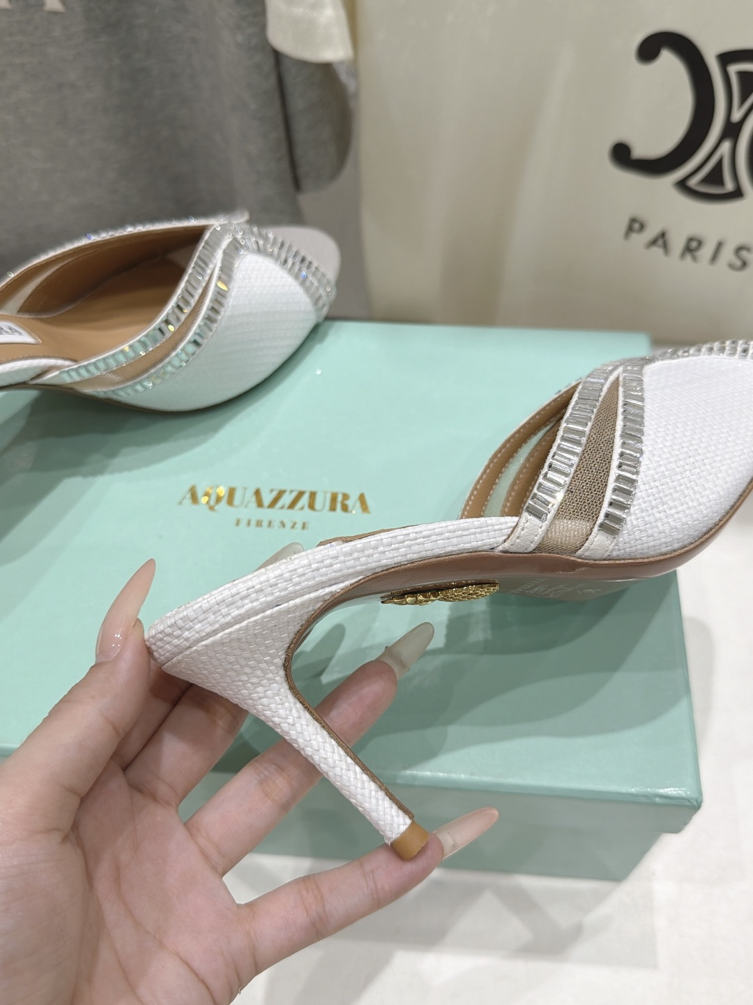 Aquazzura Crystal V-Cut Raffia Heel Mules