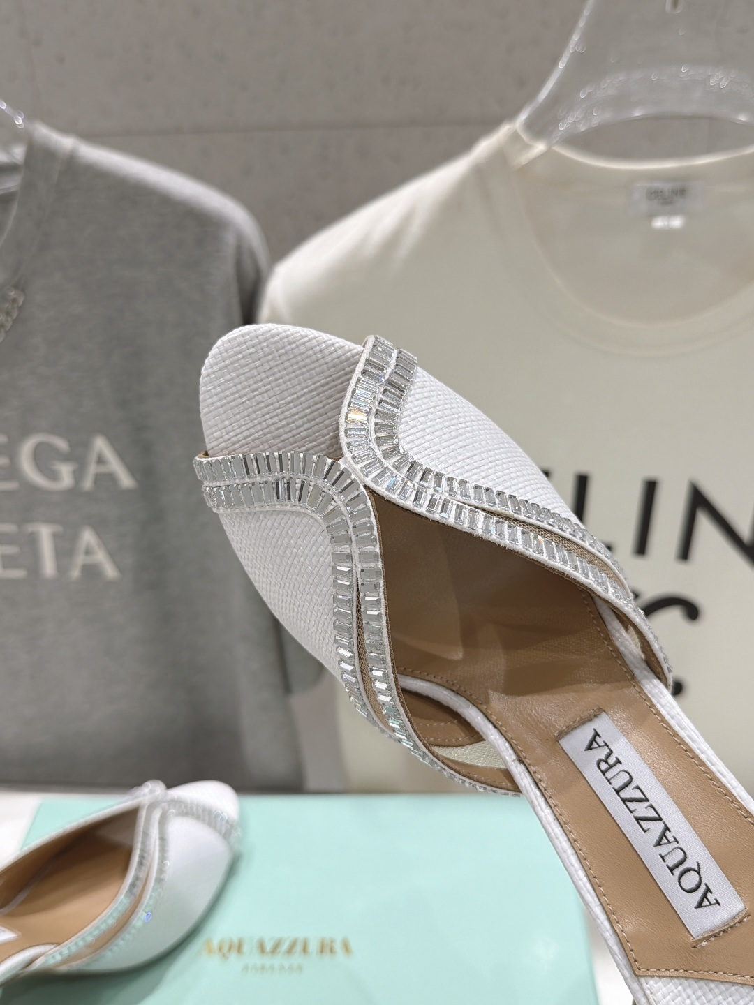 Aquazzura Crystal V-Cut Raffia Heel Mules