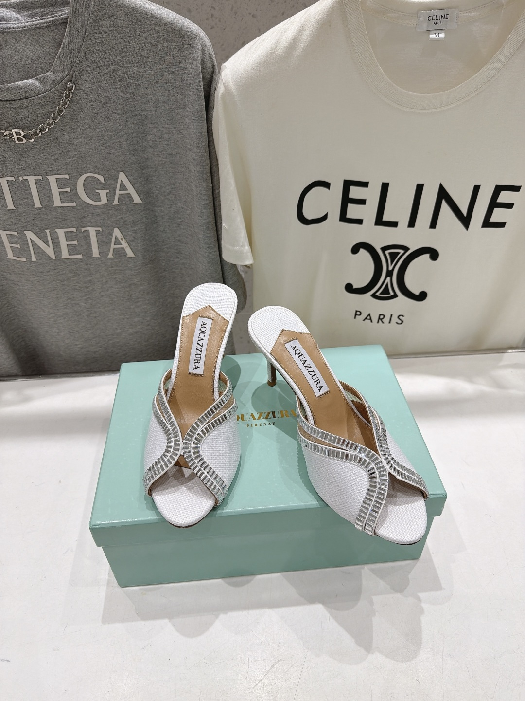 Aquazzura Crystal V-Cut Raffia Heel Mules