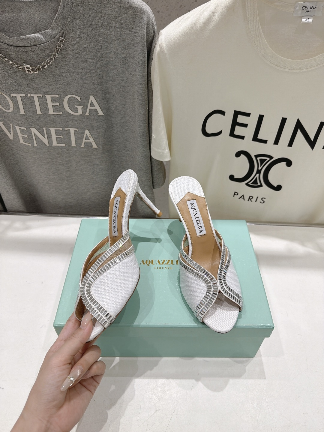 Aquazzura Crystal V-Cut Raffia Heel Mules
