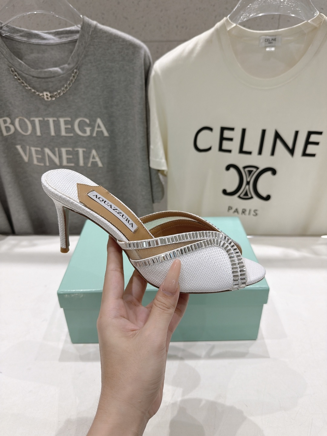 Aquazzura Crystal V-Cut Raffia Heel Mules