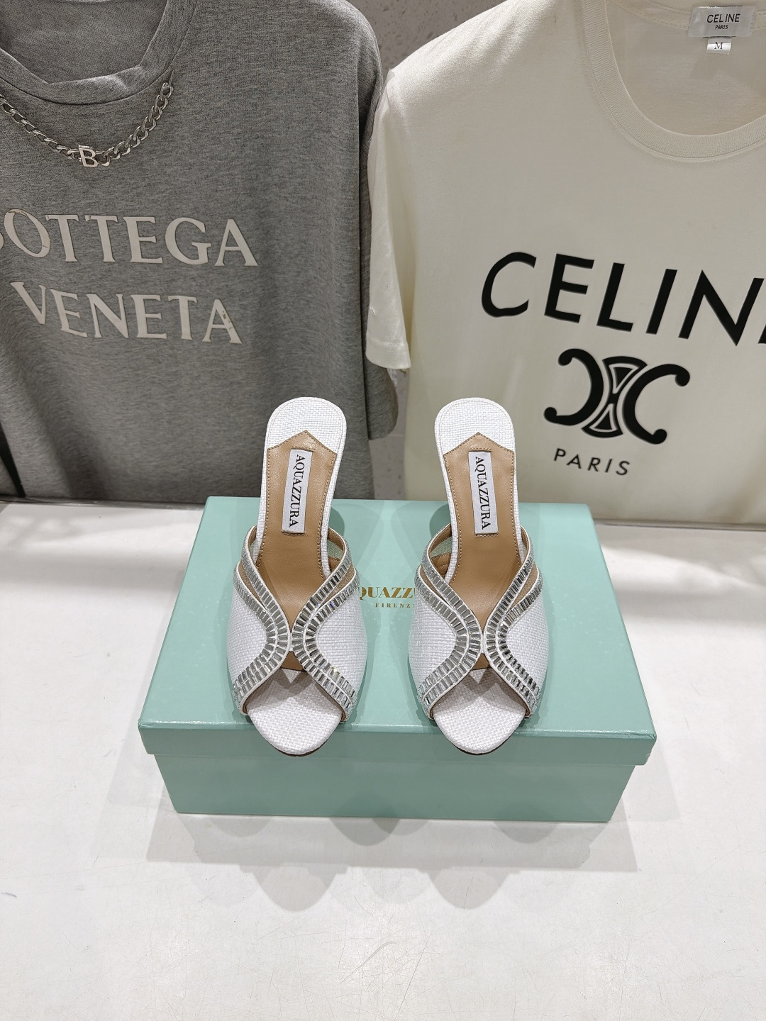 Aquazzura Crystal V-Cut Raffia Heel Mules