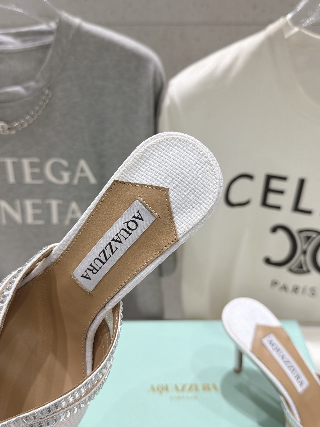 Aquazzura Crystal V-Cut Raffia Heel Mules