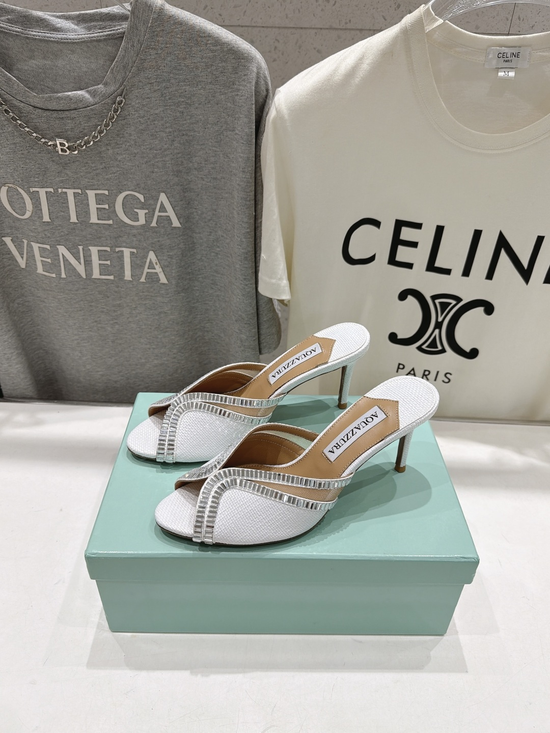 Aquazzura Crystal V-Cut Raffia Heel Mules
