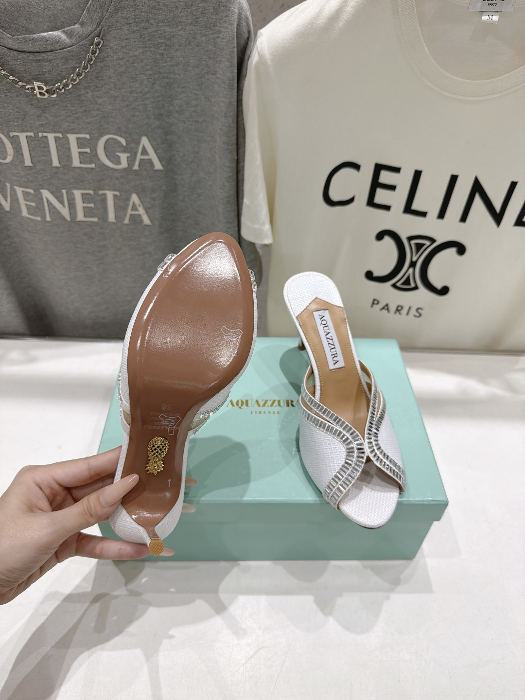 Aquazzura Crystal V-Cut Raffia Heel Mules