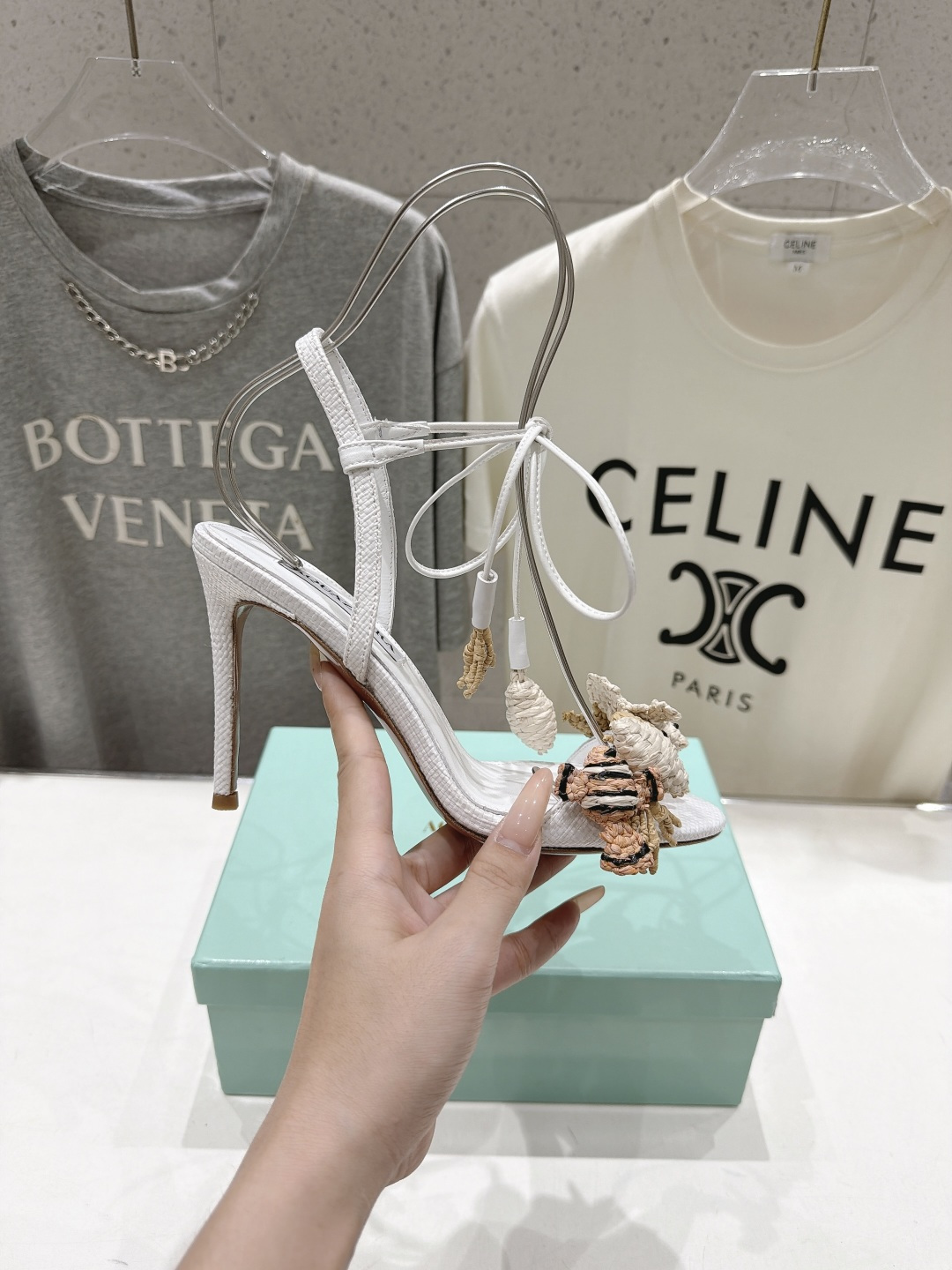 Aquazzura Crochet Animal Ankle Tie Heel Sandals