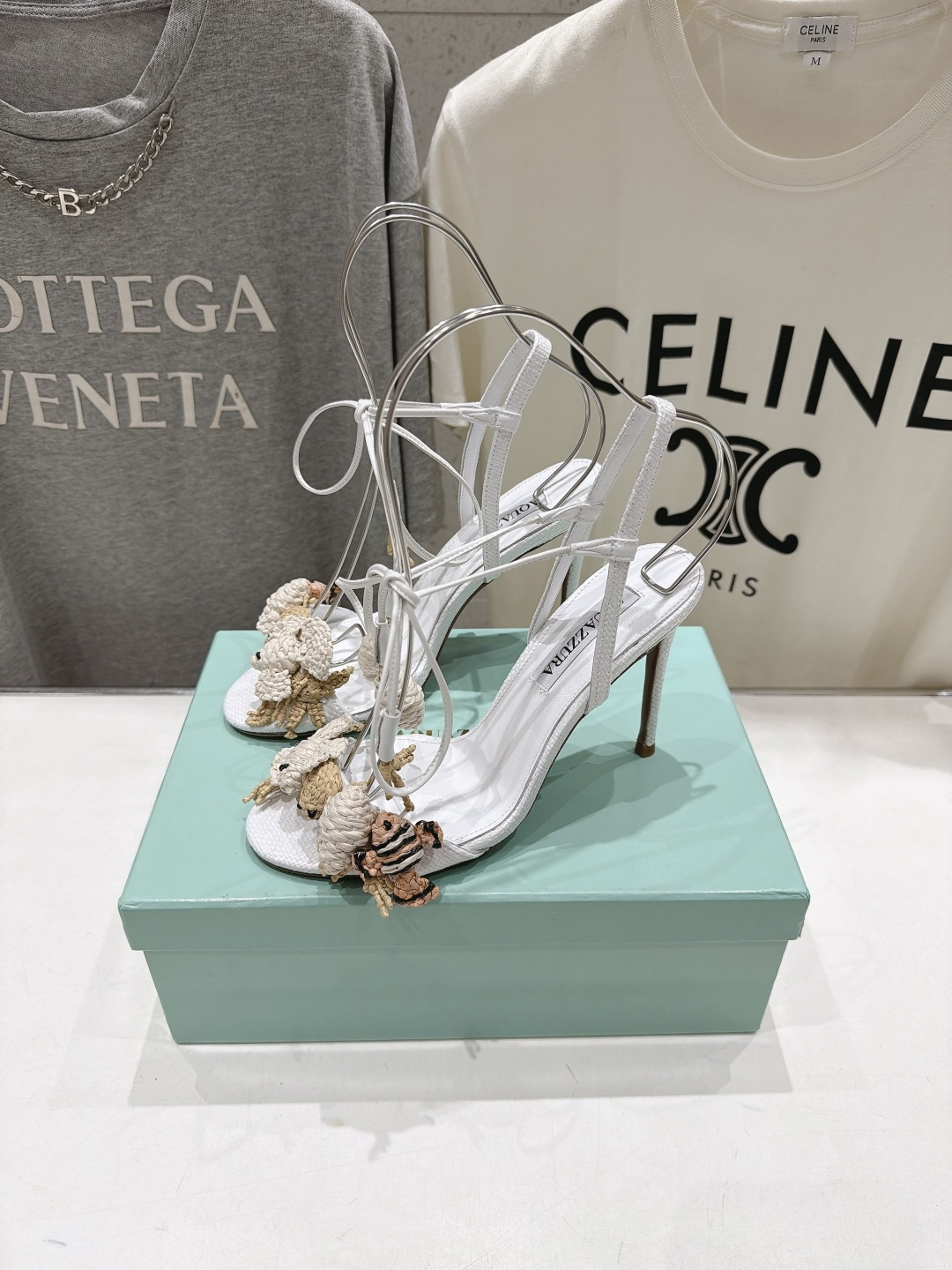 Aquazzura Crochet Animal Ankle Tie Heel Sandals
