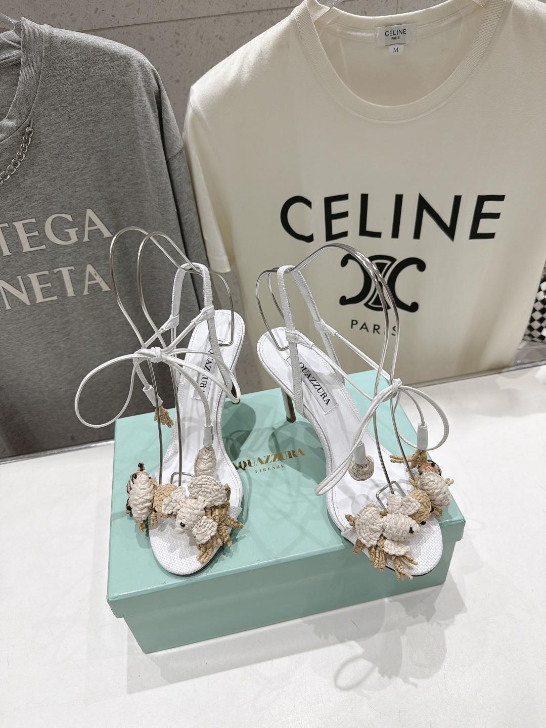 Aquazzura Crochet Animal Ankle Tie Heel Sandals