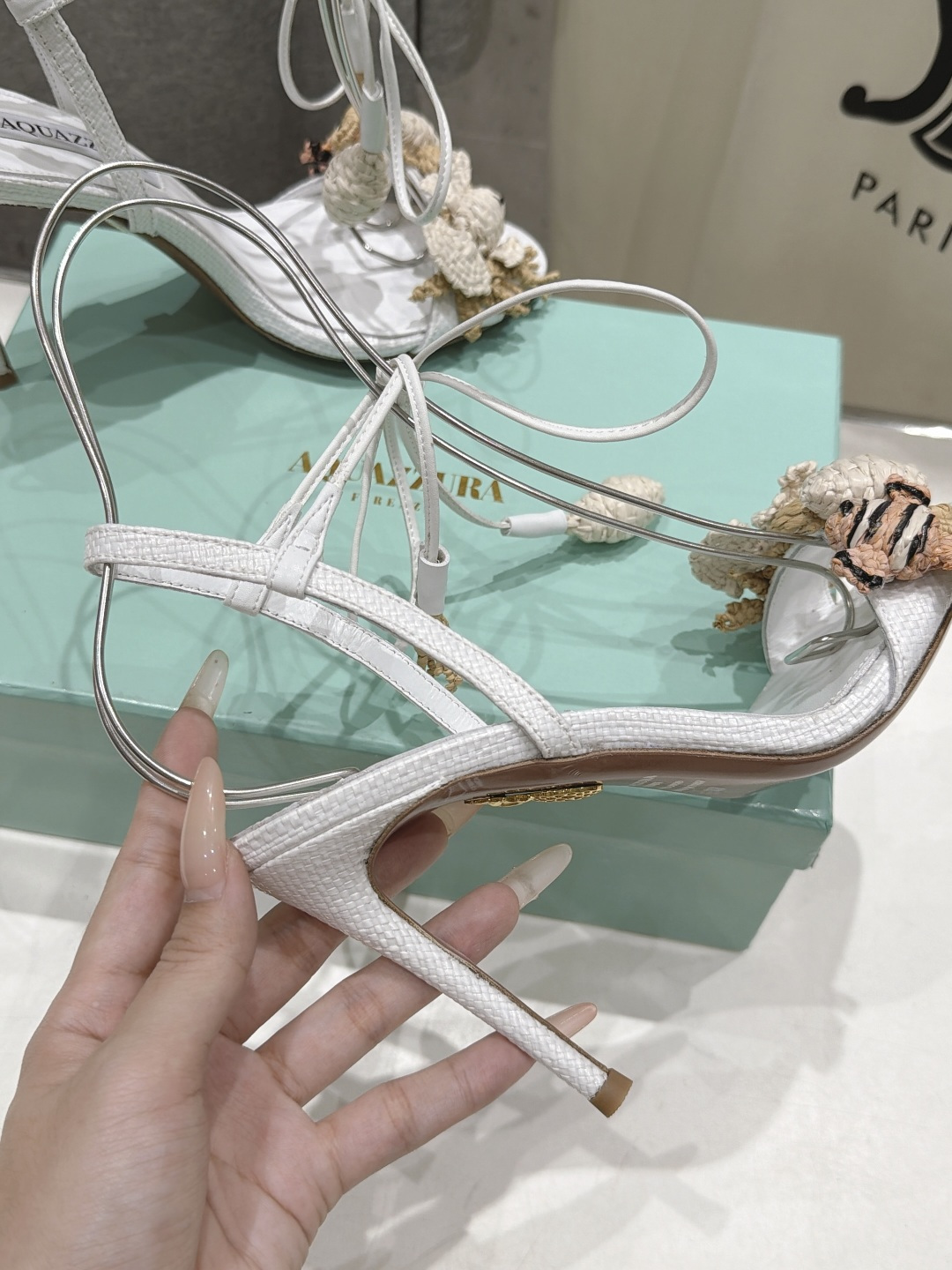 Aquazzura Crochet Animal Ankle Tie Heel Sandals