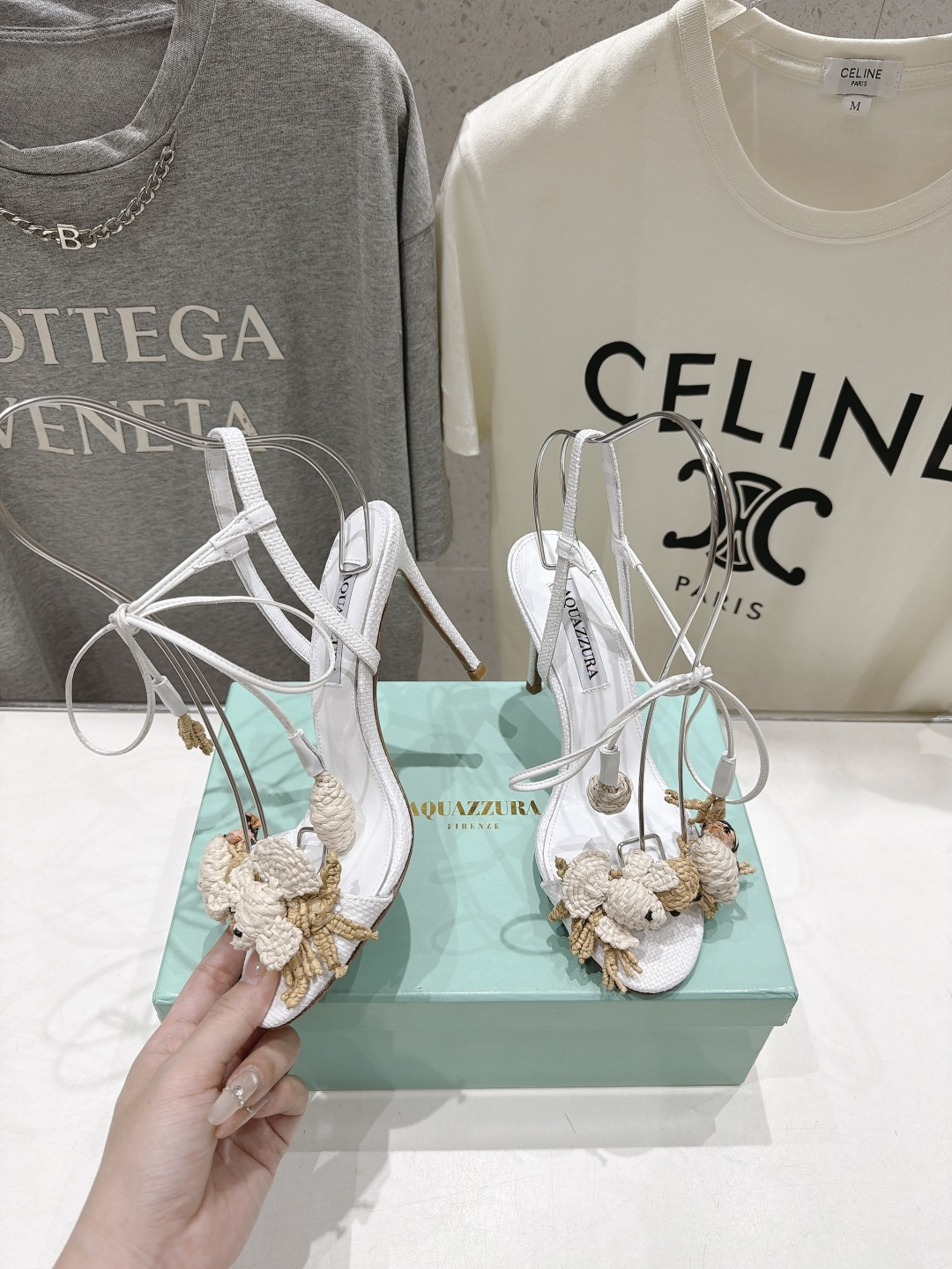 Aquazzura Crochet Animal Ankle Tie Heel Sandals