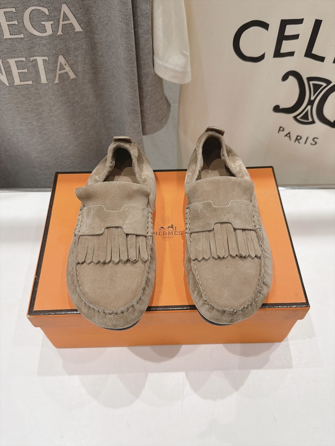 Hermes Taupe Fringed Loafers