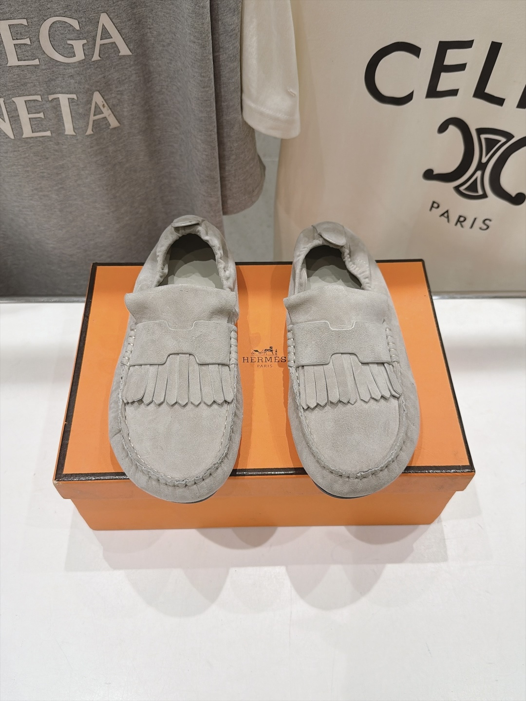 Hermes Gray Fringed Loafers