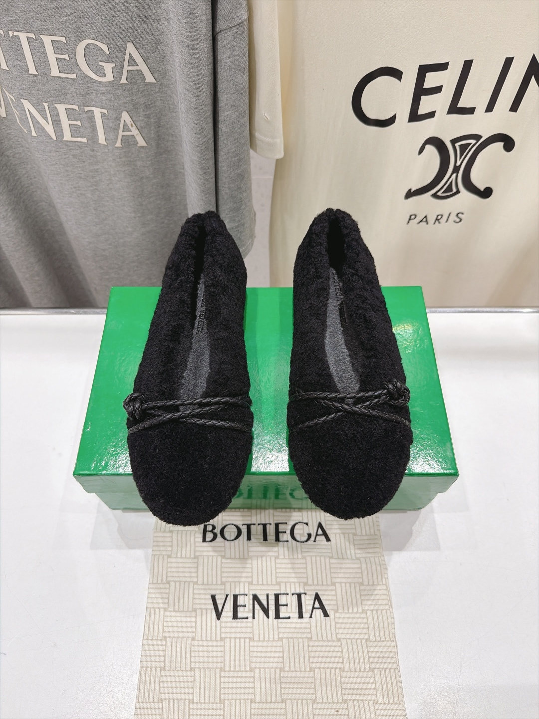 Bottega Veneta Black Fuzzy Bow Flats