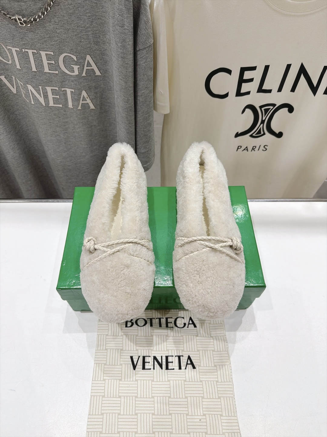 Bottega Veneta Cream Fuzzy Bow Flats