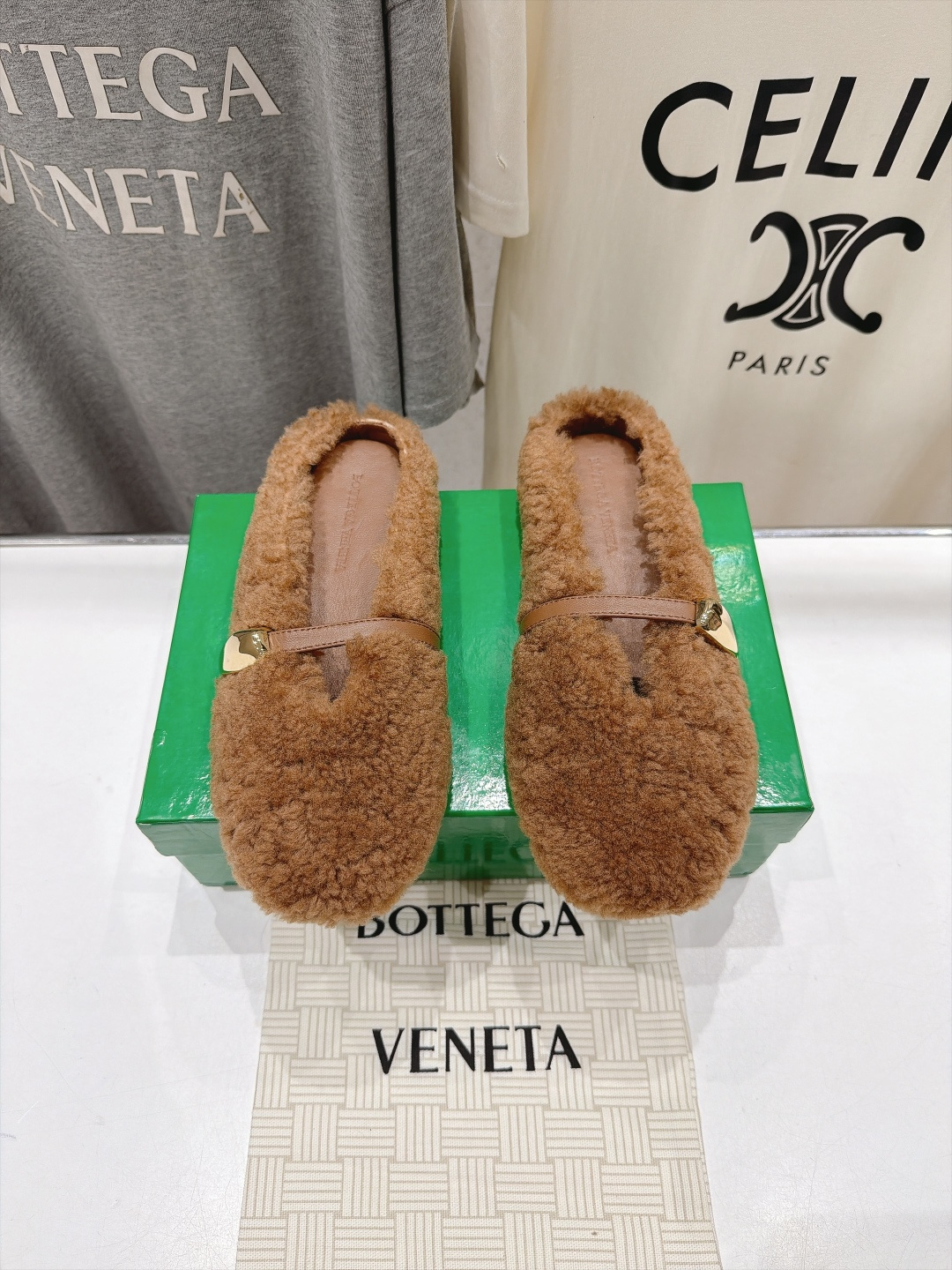 Bottega Veneta Tan Fuzzy Bow Flats