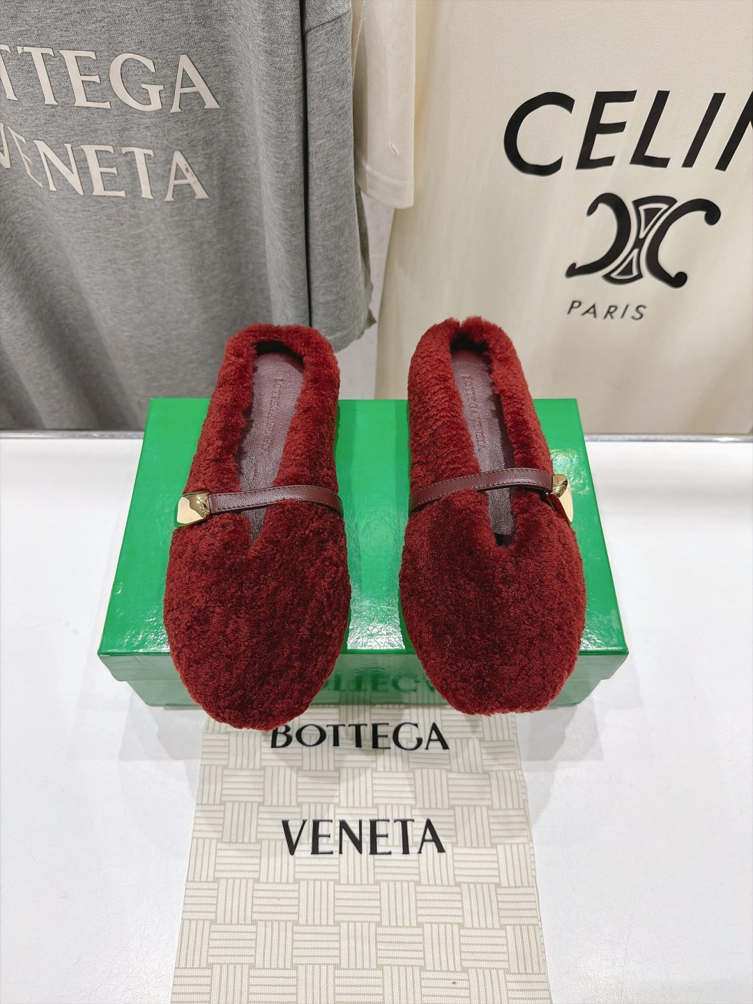 Bottega Veneta Burgundy Fuzzy Bow Flats