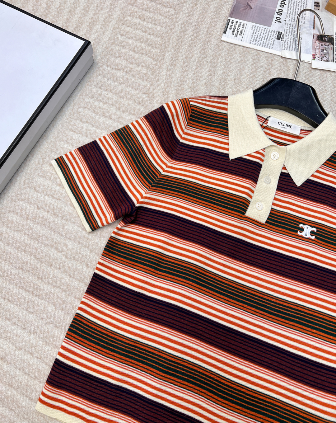 🆕 CELINE早春新款字母logo刺绣🤎条纹P薄款Polo针织衫短袖超级轻薄 夏天穿完全不会热！！信我